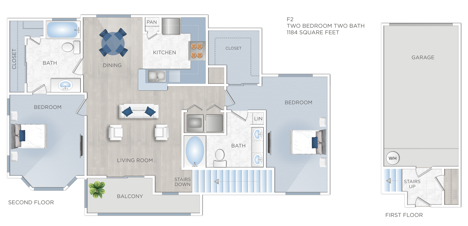 Floor plan for 2 beds, 2 baths, 1184 sqft